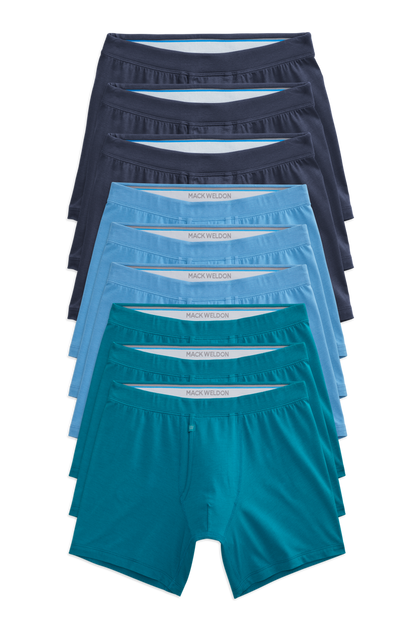 Front view of 9 pack Silver Boxer Brief in Blue Crush