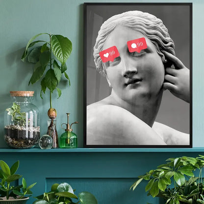 99 Problems Statue Print, quirky altered art print black framed on a living room shelf