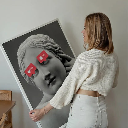 99 Problems Statue Print held up against a living room wall