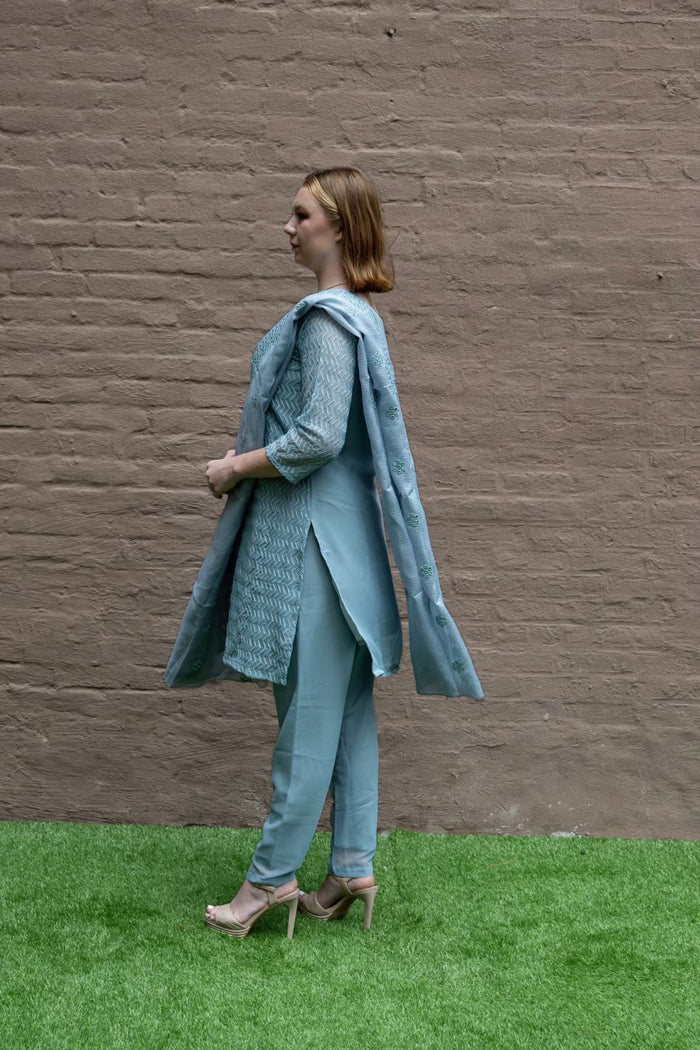 Fancy Cotton Silk Embroidered Powder Blue Salwaar Kameez Set