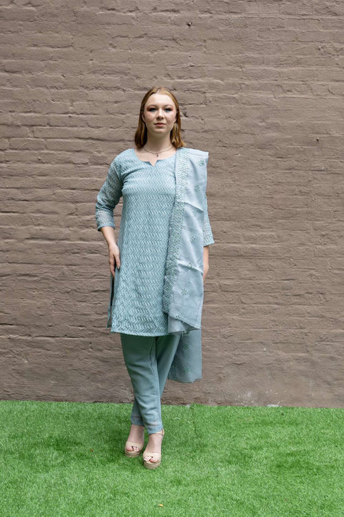 Fancy Cotton Silk Embroidered Powder Blue Salwaar Kameez Set