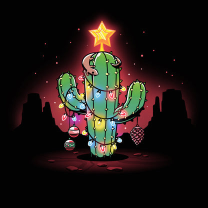 Premium Cotton T-shirt_TeeTurtle A Desert Christmas Black apparel featuring an artistic cactus with lights, ornaments, a star, and a gecko on top in front of a grand canyon inspired silhouetted background.