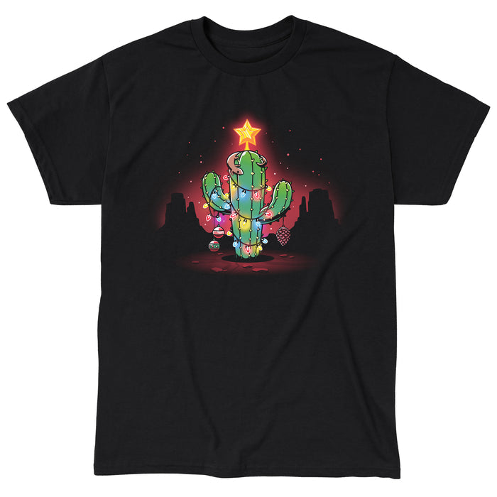 Classic Cotton T-shirt_TeeTurtle A Desert Christmas Black apparel featuring an artistic cactus with lights, ornaments, a star, and a gecko on top in front of a grand canyon inspired silhouetted background.