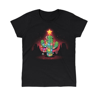 Classic Cotton T-shirt_TeeTurtle A Desert Christmas Black apparel featuring an artistic cactus with lights, ornaments, a star, and a gecko on top in front of a grand canyon inspired silhouetted background.