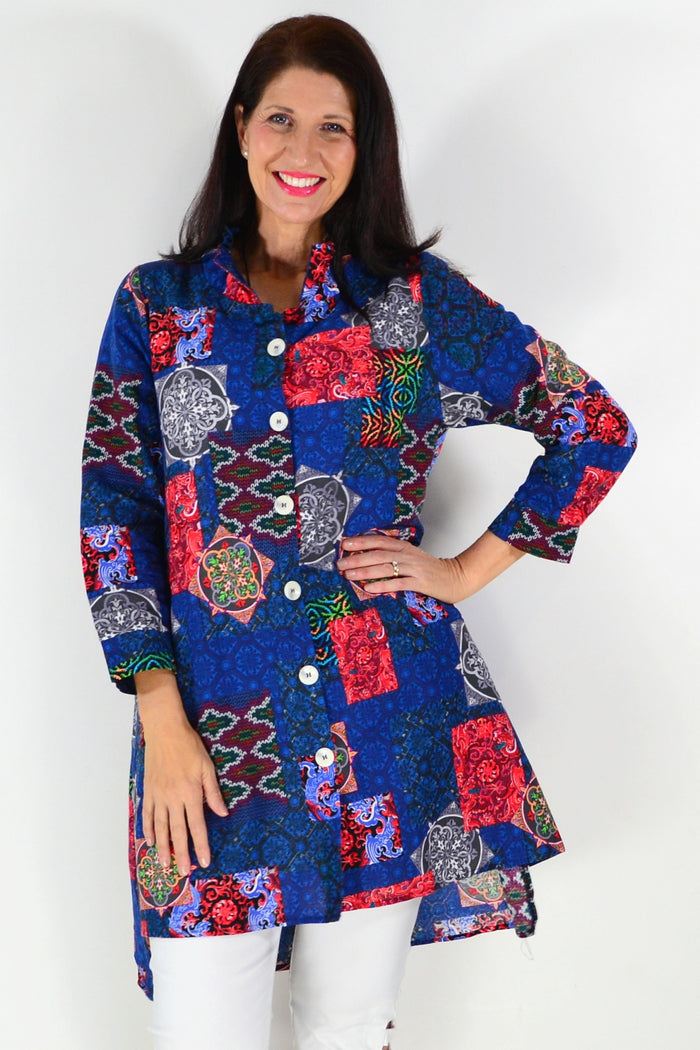 Abstract navy tunic shirt by Wishstone featuring a stylish, flowy design and artistic abstract pattern, perfect for casual wear.