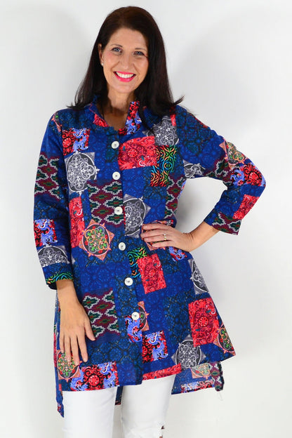 Abstract navy tunic shirt by Wishstone featuring a stylish, flowy design and artistic abstract pattern, perfect for casual wear.