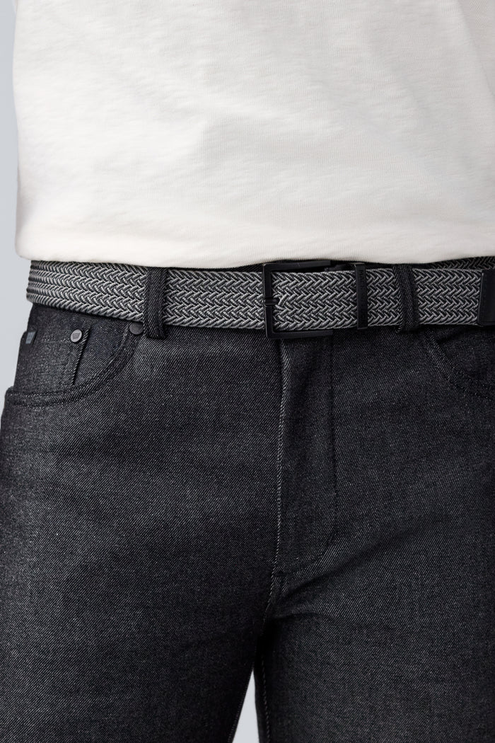 Close up view of a man wearing Admiral Braided Belt in True Black / Steel