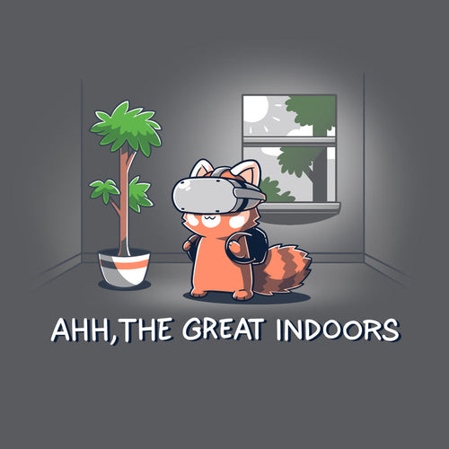 Premium Cotton T-shirt_TeeTurtle Ahh, The Great Indoors Charcoal Gray t-shirt featuring A cartoon fox wearing a VR headset stands indoors beside a potted plant and a window. The text below reads, "AHH, THE GREAT INDOORS".