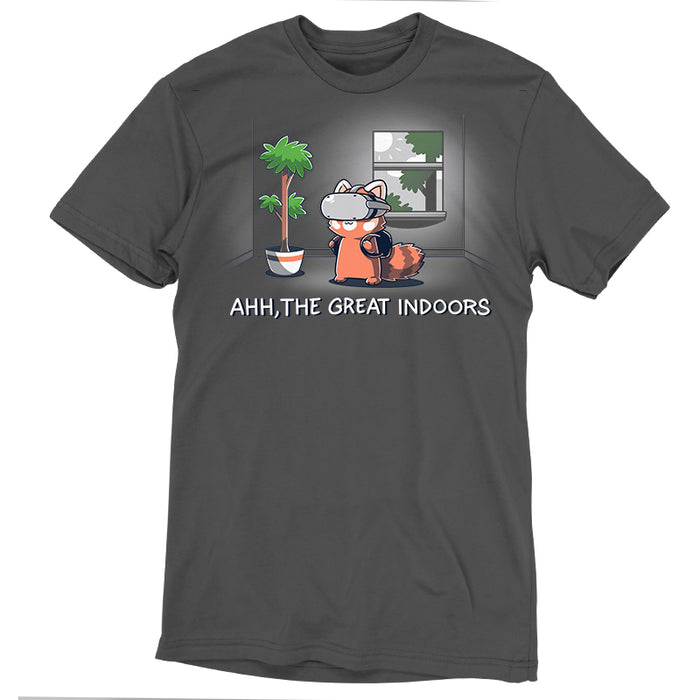 Premium Cotton T-shirt_TeeTurtle Ahh, The Great Indoors Charcoal Gray t-shirt featuring A cartoon fox wearing a VR headset stands indoors beside a potted plant and a window. The text below reads, "AHH, THE GREAT INDOORS".