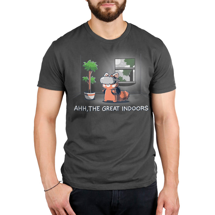 Premium Cotton T-shirt_TeeTurtle Ahh, The Great Indoors Charcoal Gray t-shirt featuring A cartoon fox wearing a VR headset stands indoors beside a potted plant and a window. The text below reads, "AHH, THE GREAT INDOORS".