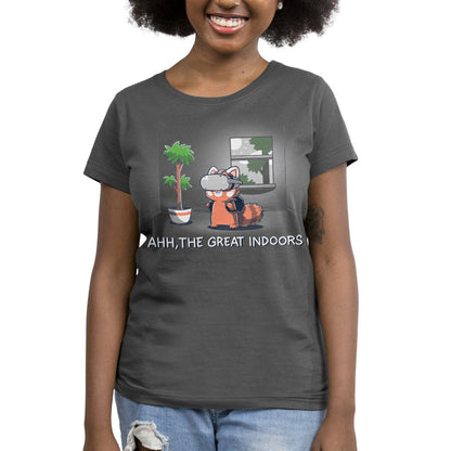Premium Cotton T-shirt_TeeTurtle Ahh, The Great Indoors Charcoal Gray t-shirt featuring A cartoon fox wearing a VR headset stands indoors beside a potted plant and a window. The text below reads, "AHH, THE GREAT INDOORS".
