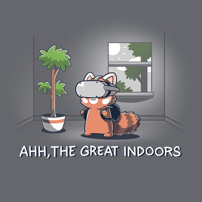 Classic Cotton T-shirt_TeeTurtle Ahh, The Great Indoors Charcoal Gray t-shirt featuring A cartoon fox wearing a VR headset stands indoors beside a potted plant and a window. The text below reads, "AHH, THE GREAT INDOORS".