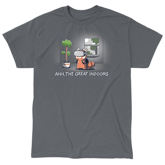 Classic Cotton T-shirt_TeeTurtle Ahh, The Great Indoors Charcoal Gray t-shirt featuring A cartoon fox wearing a VR headset stands indoors beside a potted plant and a window. The text below reads, "AHH, THE GREAT INDOORS".