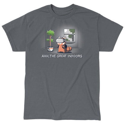 Classic Cotton T-shirt_TeeTurtle Ahh, The Great Indoors Charcoal Gray t-shirt featuring A cartoon fox wearing a VR headset stands indoors beside a potted plant and a window. The text below reads, "AHH, THE GREAT INDOORS".
