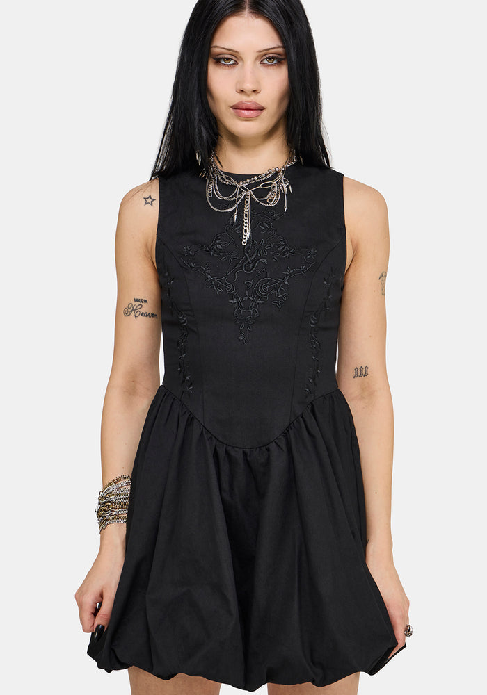 Ailis Balloon Hem Embroidered Mini Dress UK 6