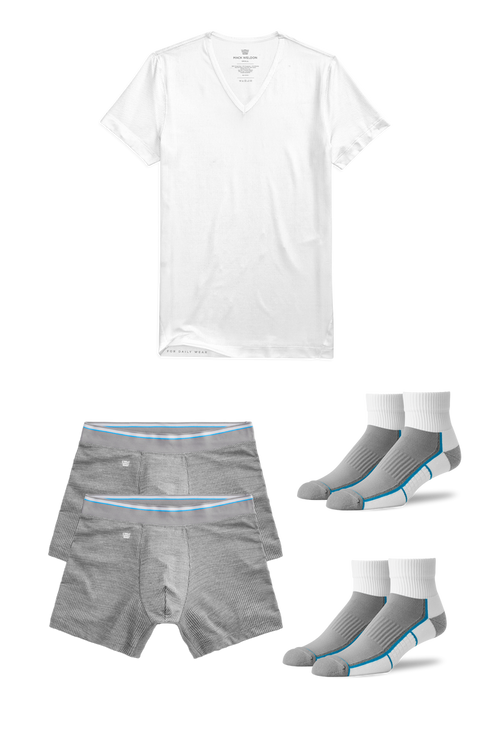 Laydown of AIRKNITx Essentials Pack that includeds: Two pairs of AIRKNITx Boxer Briefs, One AIRKNITx V-Neck Undershirt and Two pairs of AIRKNITx High Ankle Socks