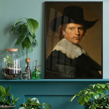 Airpods Portrait Altered Art Print, quirky altered art print black framed on a living room shelf