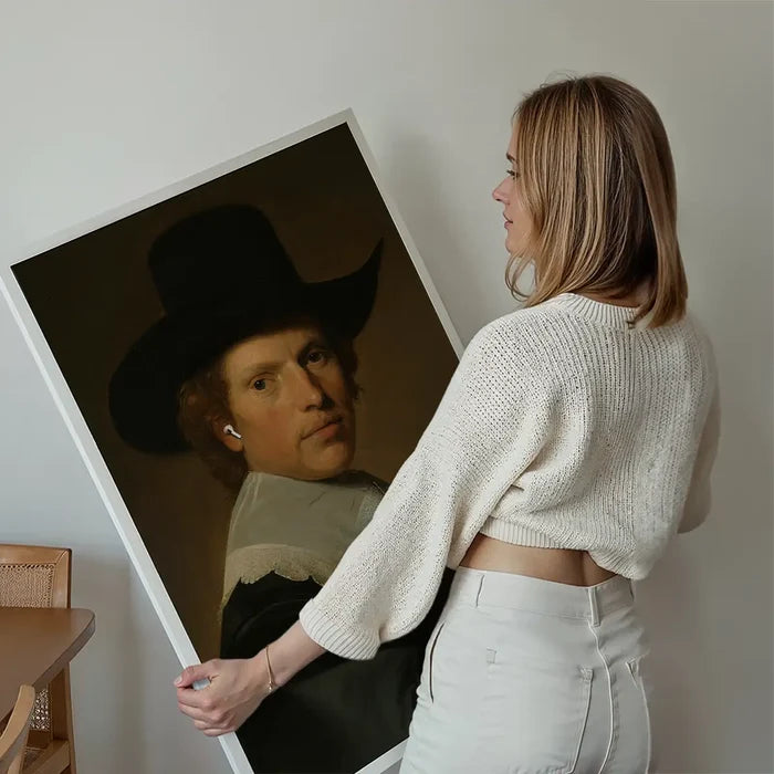 Airpods Portrait Altered Art Print held up against a living room wall