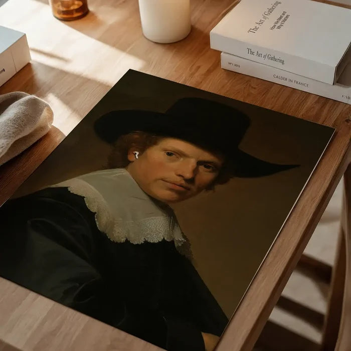 Airpods Portrait Altered Art Print, quirky altered art print unframed on a home office desk