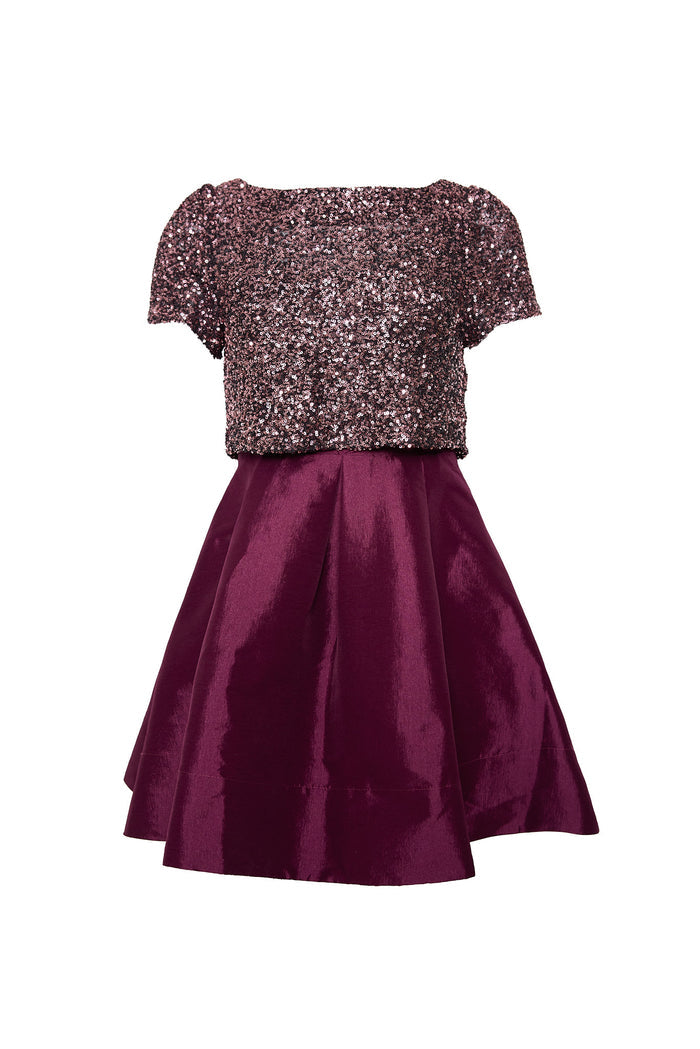 The Alexis Dress in Wine by Ivy City Co features a glittery sequin tee top and a shiny deep burgundy flared taffeta skirt, creating a chic short dress shown on a white background.