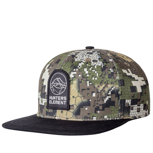 A camouflage patterned snapback cap with a flat peak and a logo on the front.
