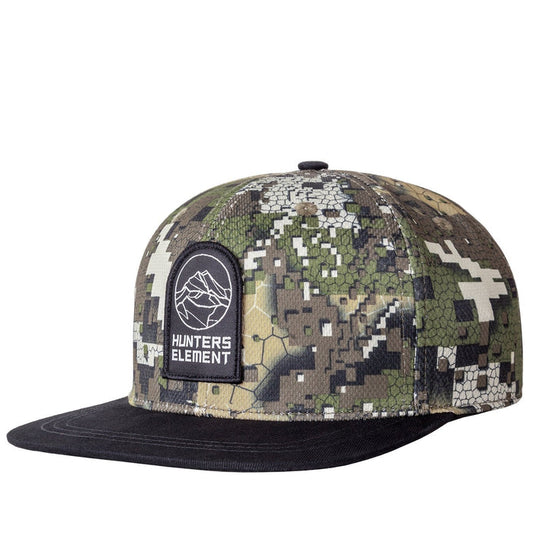 A camouflage patterned snapback cap with a flat peak and a logo on the front.
