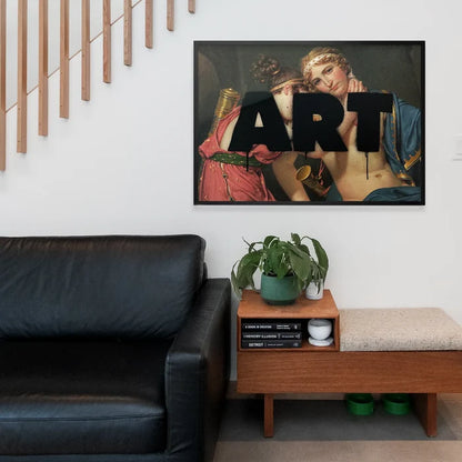 Altered ART Black Paint Print, quirky altered art print framed above a living room sofa