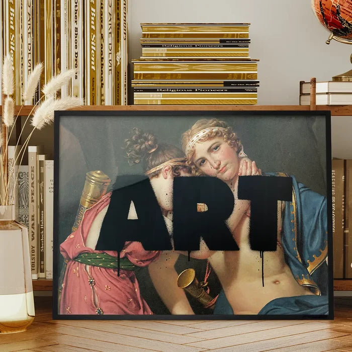 Altered ART Black Paint Print framed on a living room bookshelf