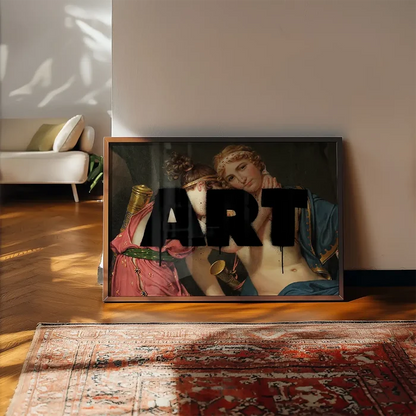Altered ART Black Paint Print framed, leaning on a wooden floor beside a rug