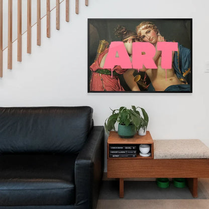 Altered ART Pink Paint Print, quirky altered art print framed above a living room sofa