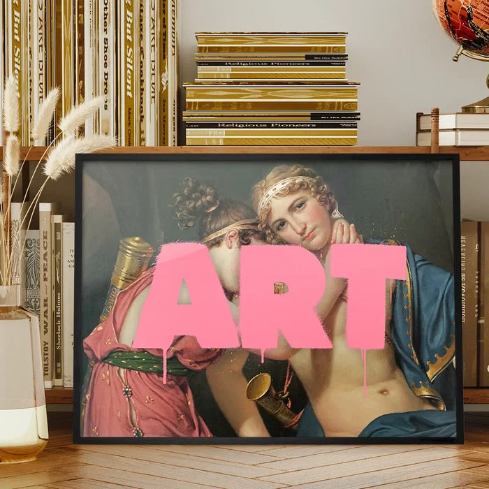 Altered ART Pink Paint Print framed on a living room bookshelf