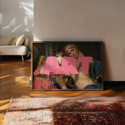 Altered ART Pink Paint Print framed, leaning on a wooden floor beside a rug