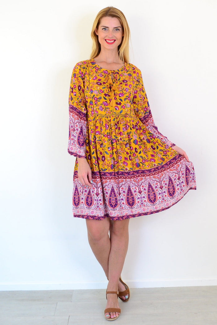 Dream Amelia Mustard Bohemian Tunic Dress with relaxed fit, featuring boho-inspired design and flowing fabric.