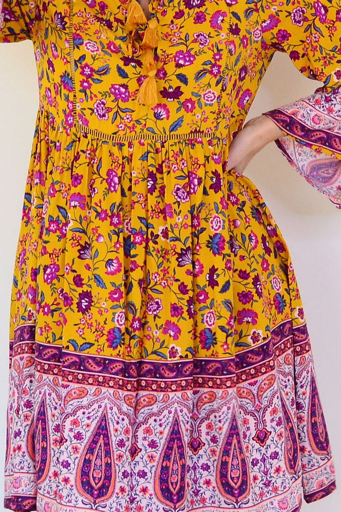 Dream Amelia Mustard Bohemian Tunic Dress with relaxed fit, featuring flowing fabric and boho-inspired design.