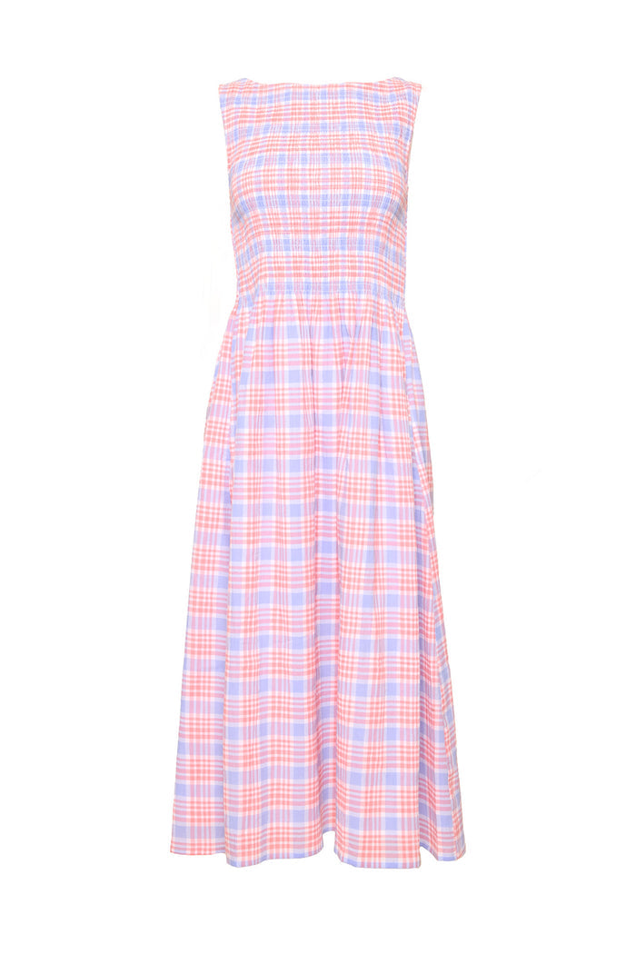 The Ivy City Co Ana Dress in Blossom Plaid is a maternity-friendly sleeveless midi with a gathered bodice, full skirt, and pink, orange, and light blue checks on lightweight fabric. Shown against a plain white background.