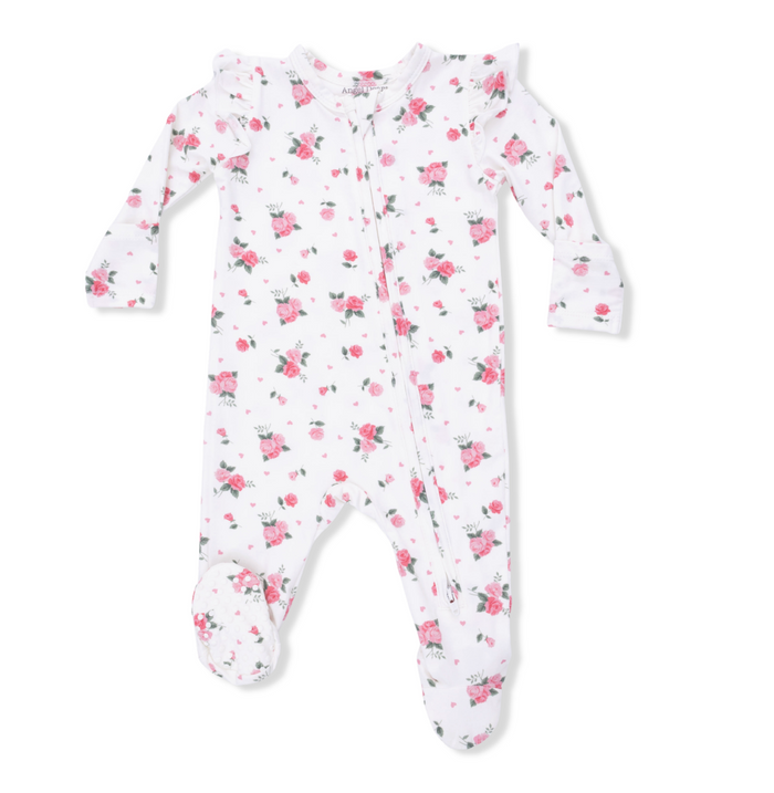 Angel Dear 2 Way Ruffle Sleeve Zipper Footie in Pink Rosettes