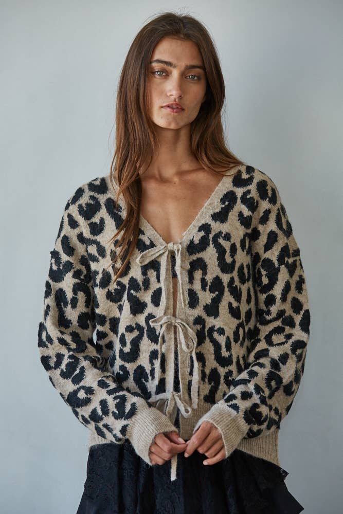 Animal Print Tie Front Cardigan: Mocha Black - Intimate Whispers