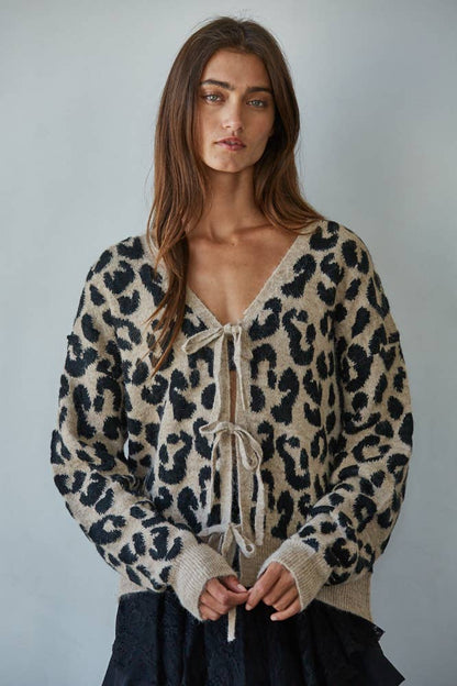 Animal Print Tie Front Cardigan: Mocha Black - Intimate Whispers