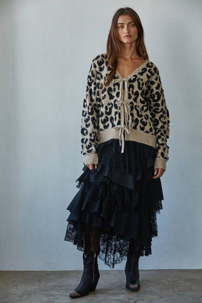 Animal Print Tie Front Cardigan: Mocha Black - Intimate Whispers