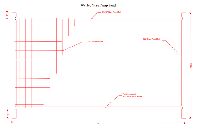 Technical drawing of a welded wire temporary fence panel, featuring galvanized welded wire mesh and reinforced with 1.375-inch and 1.625-inch galvanized rails for stability.