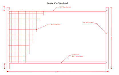 Technical drawing of a welded wire temporary fence panel, featuring galvanized welded wire mesh and reinforced with 1.375-inch and 1.625-inch galvanized rails for stability.