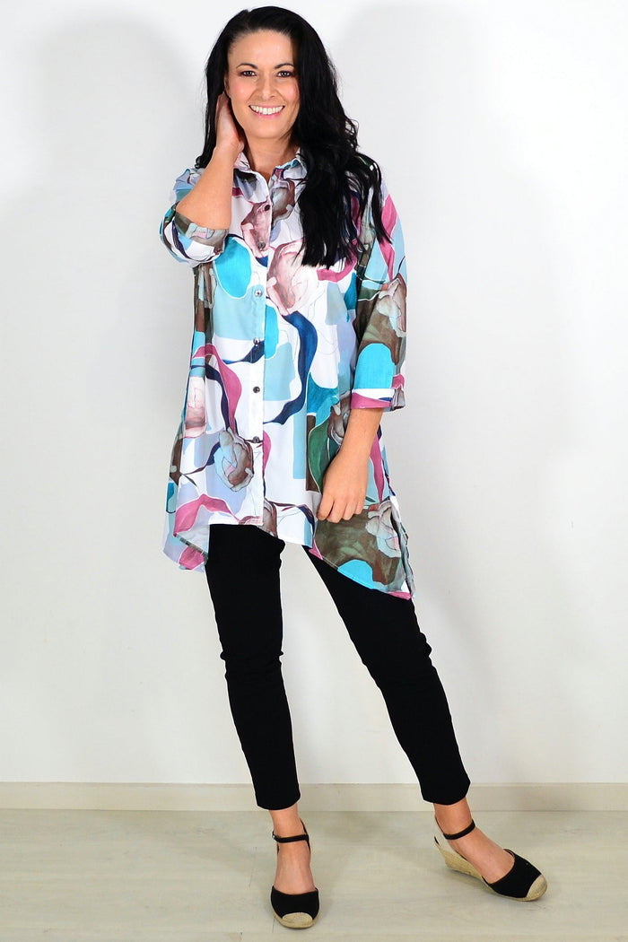 Wishstone Aqua Artwork Swirls Tunic Shirt with vibrant blue and white swirl pattern, lightweight and stylish for casual wear.