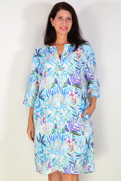 Aqua blue floral linen blend tunic by La Mode featuring a relaxed fit and intricate floral patterns, perfect for casual wear.