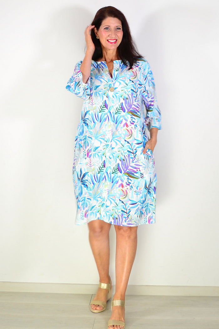 Aqua blue floral linen blend tunic by La Mode, featuring a relaxed fit and delicate floral pattern on lightweight fabric.