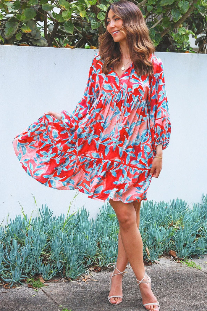 Dream Aqua Coral Floral Bohemian Tunic dress with vibrant floral pattern and relaxed fit, perfect for casual and boho styles.