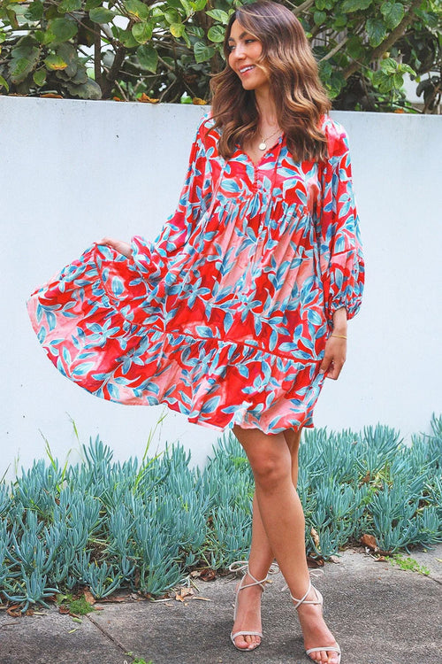 Dream Aqua Coral Floral Bohemian Tunic dress with vibrant floral pattern and relaxed fit, perfect for casual and boho styles.