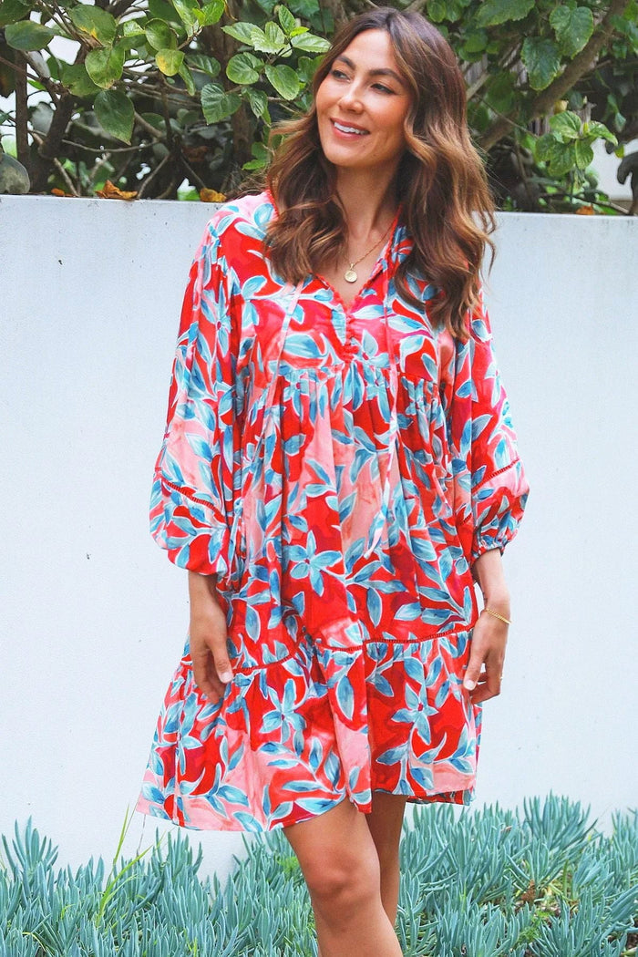 Dream Aqua Coral floral bohemian tunic dress with lightweight fabric and vibrant tropical print, perfect for casual summer wear.