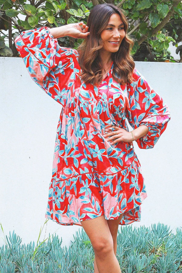 Dream Aqua Coral Floral Bohemian Tunic dress with vibrant floral patterns and relaxed fit, perfect for casual and beachwear.
