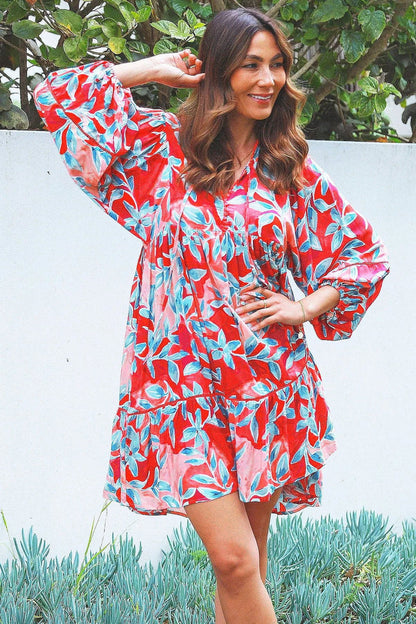 Dream Aqua Coral Floral Bohemian Tunic dress with vibrant floral patterns and relaxed fit, perfect for casual and beachwear.