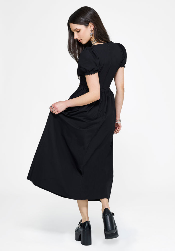 Arianwen Embroidered Puff Sleeve Midaxi Dress - Black